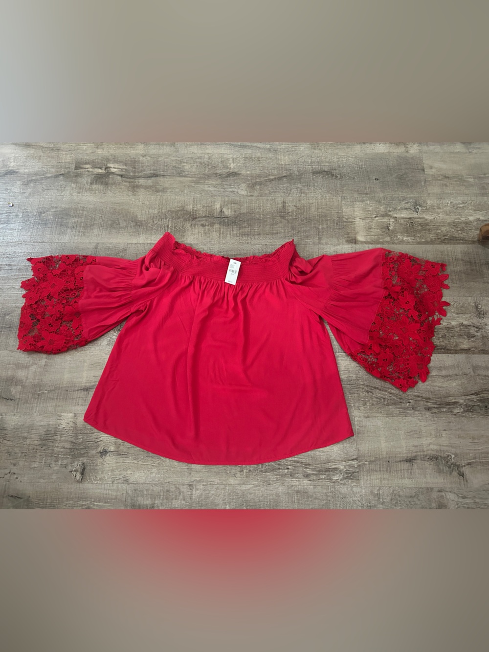 Lane Bryant Red Off-Shoulder Lace Bell Sleeve Top